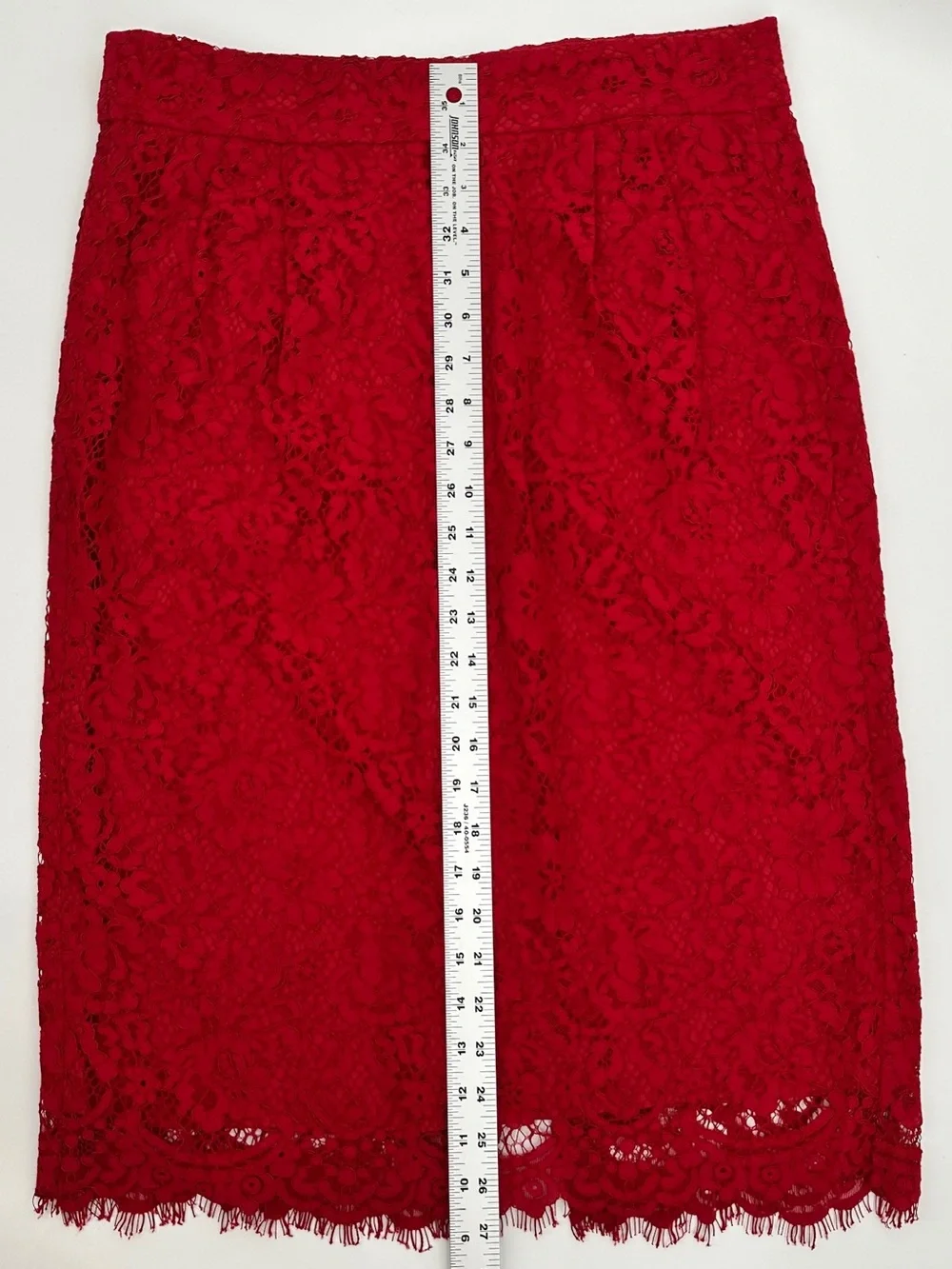 J.Crew Red Lace Pencil Skirt Scalloped Eyelash Hem Lined Size 10 - Picture 6 of 13